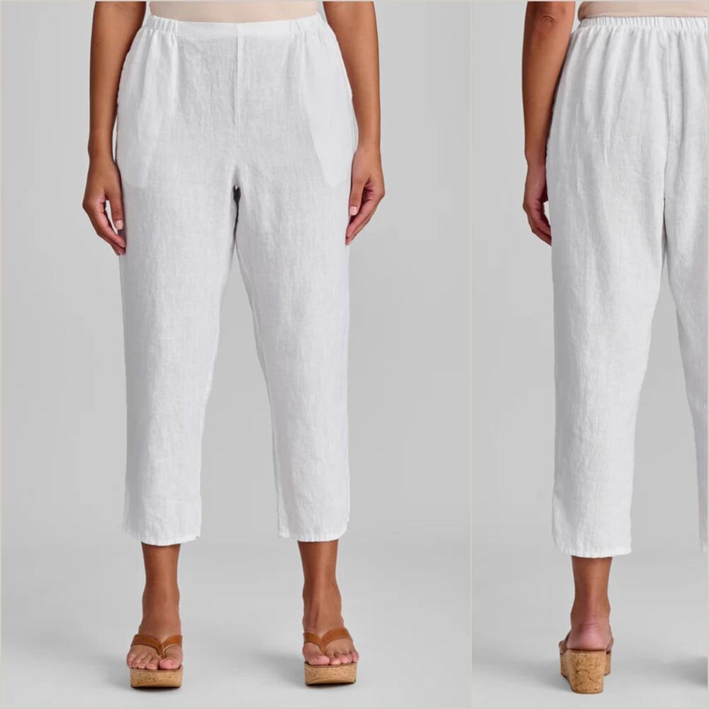 Flax by Jeanne Engelhart Large Linen Pocketed Ankle pant white